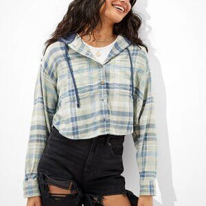 American Eagle Women's Green Blue Cozy Cabin Cropped Flannel Hoodie Size L